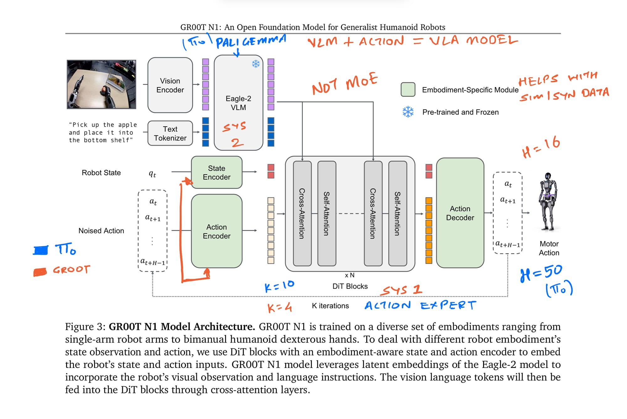 GR00T N1 architecture: System 2 Eagle-2 VLM and System 1 diffusion transformer action module